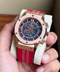 Rose Gold Chronograph Watch with Red Strap – Premium Luxury Design